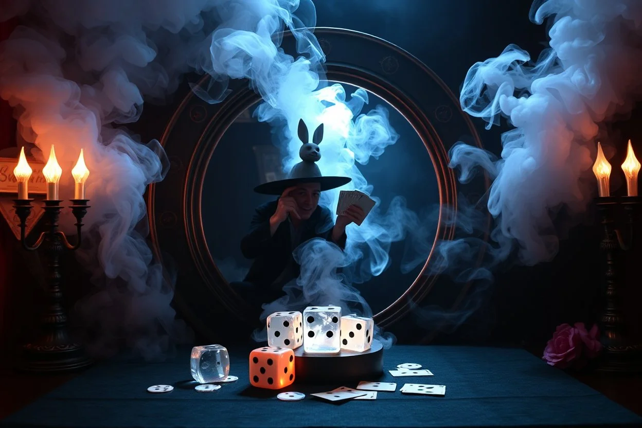 ai magic show presentation wow effect smoke bunnies awesome awesome yoga magician with scary hat on portal awake within a dream inside a saw blade Alice in wonderland and cards and big transparent dices