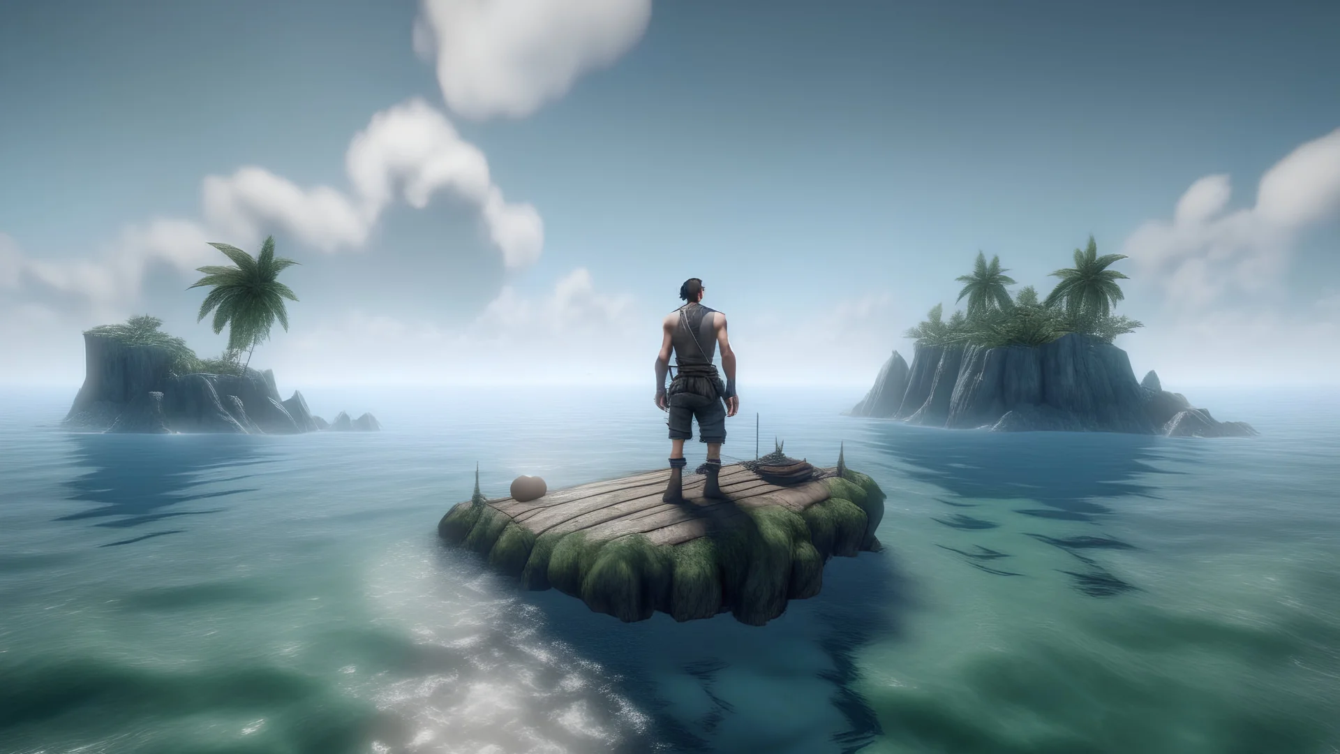 A survivor man on sea shore of an Island on a raft, graphics quality unreal engine and person should be in center of screen