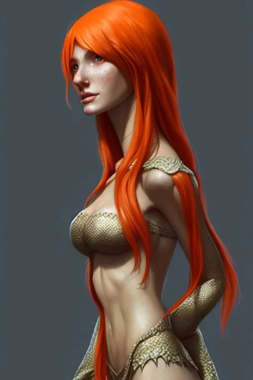 painting of a tall elven young woman with short light orange hair and freckles on the cheak bones and tall body of a topmodel light clothes, long shot, ultra realistic, concept art, intricate details, eerie, highly detailed, photorealistic, octane render, 8 k, unreal engine. art by artgerm and greg rutkowski and charlie bowater and magali villeneuve and alphonse mucha