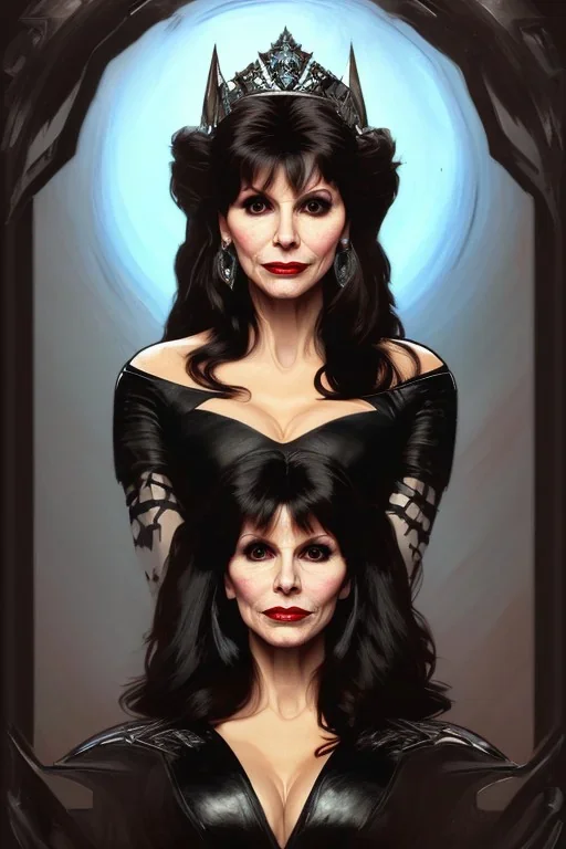 painting of victoria principal as evil queen in black leather, feminie, angry, stern look on her face, volouptous, busty, cleavage, emperious, mature, highly detailed, digital painting, artstation, concept art, smooth, sharp focus, illustration, art by gaston bussiere and alphonse mucha