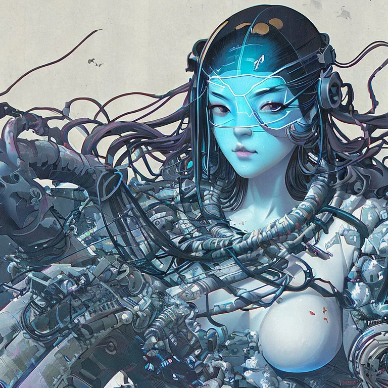 beautiful cyberpunk huge girl, hyperdetailed, illustration by Katsushika Hokusai, darkblue tones,