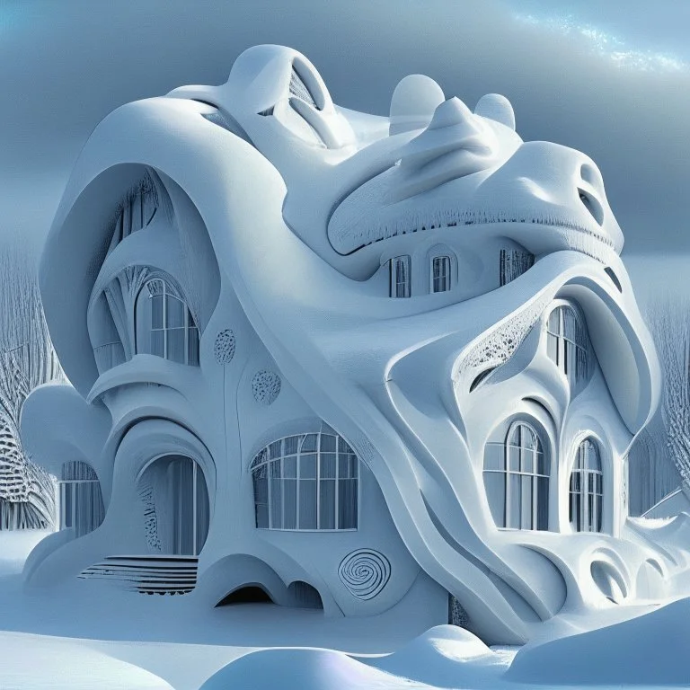 a house that is covered in snow, in the style of art nouveau organic forms, vray tracing, chromatic sculptural slabs, dark white and gray, melting, landscape fantasies, danube school