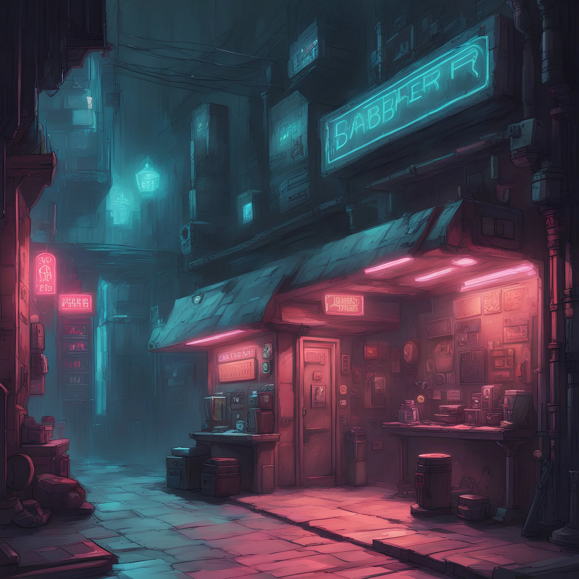 dnd, dungeon, outside of barber shop in cyberpunk style