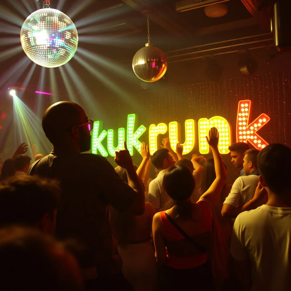 MR Kukrunk MC is Benny, and "DJ Roy" in a disco, dancing, "Kukrunk" on sign wall, disco light, strobe, disco ball, 1000 dancing people