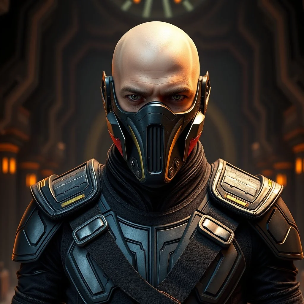 star wars bald male corellian jedi wearing gunmetal grey and black old republic armored flightsuit and breath mask with gold and metallic red trim inside the jedi temple, centered head and shoulders portrait, hyperdetailed, dynamic lighting, hyperdetailed background, 8k resolution, volumetric lighting, light skin, fully symmetric details