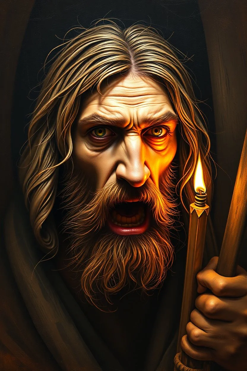 pin hole cam, master oil painting by Rembrandt, realistic rendering Portrait of the angry Jesus in the temple of thieves, airbrush and pen outline, in the style of Escher