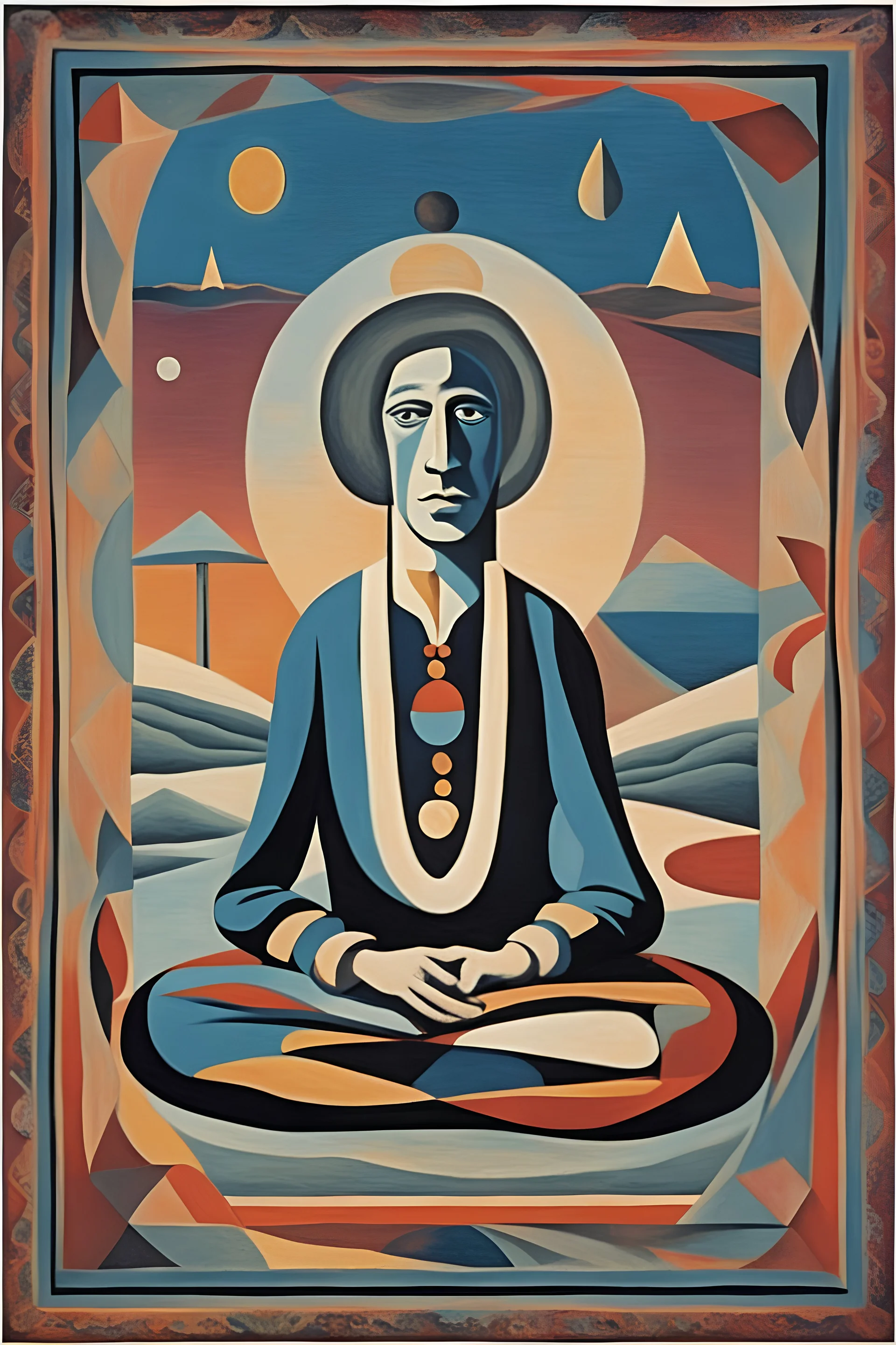 Vintage poster tufting tapestry hippie pablo picasso meditating seeing the world inside an aboriginal psychedelic art, and the four corners of the universe, painted by rene magritte,