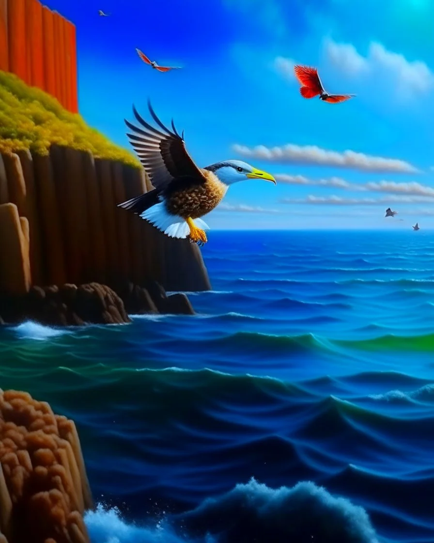 Alcatraz bird plummeting into the sea, portrait, ultra quality, hyper detailed, hyper realistic, oil painting, artwork, 8k