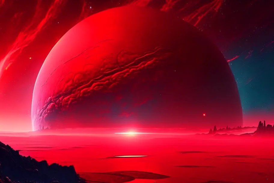 red exoplanet in the horizon, stars, stream, clouds, fantasy, sci-fi, hd.