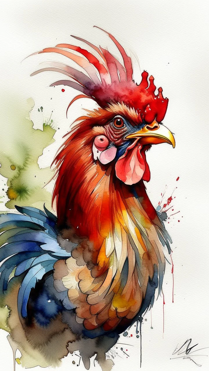 dnd, fantasy, watercolour, humongous strokes, stylistic, portrait, illustration, furry, rooster, personable face
