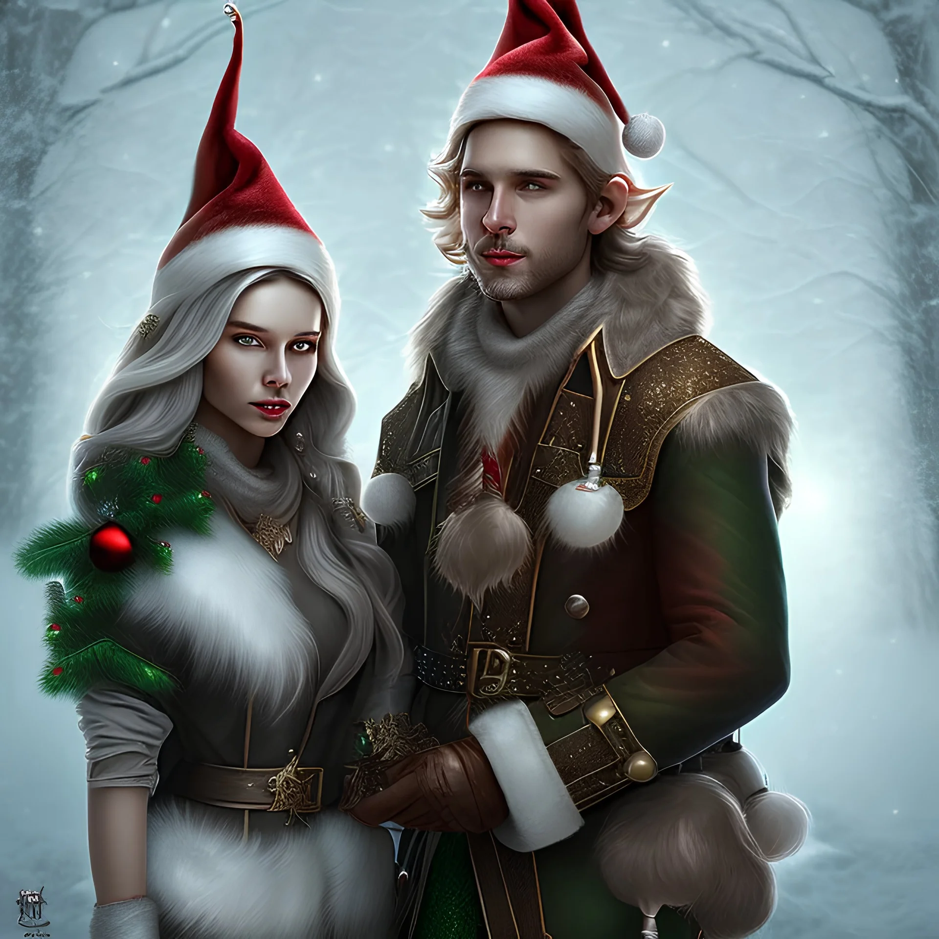 two elves. woman and man. Christmas scene. photorealistic. low-key