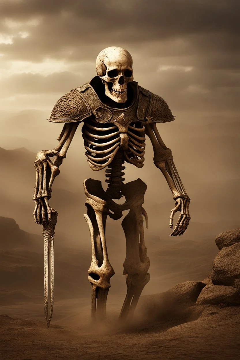 photorealistic Ancient skeleton psi-warrior knight wearing fullplate being surounded by aura wandering the wasteland