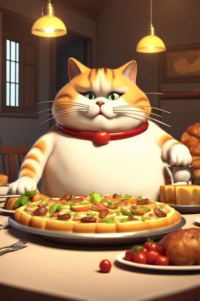 A fat cat having a full table of delicious food in front of him,3d animation ,funny