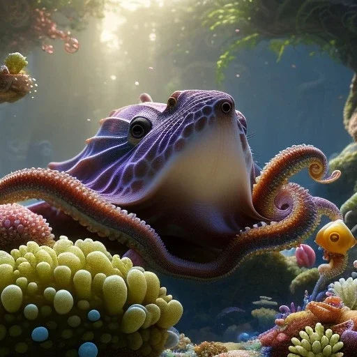 pixar style, volumetric summer garden environment and background, realistic painting of a octopus, looking excited, detailed digital painting, extreme dense and fine fur, anime, ornate, colour-washed colors, elegant, small minutiae, tiny features, particulars, centered, smooth, sharp focus, renderman gofur render, 8k, uhd, detailed eyes, realistic shaded volumetric lighting, sunlight caustics, backlight, centered camera view