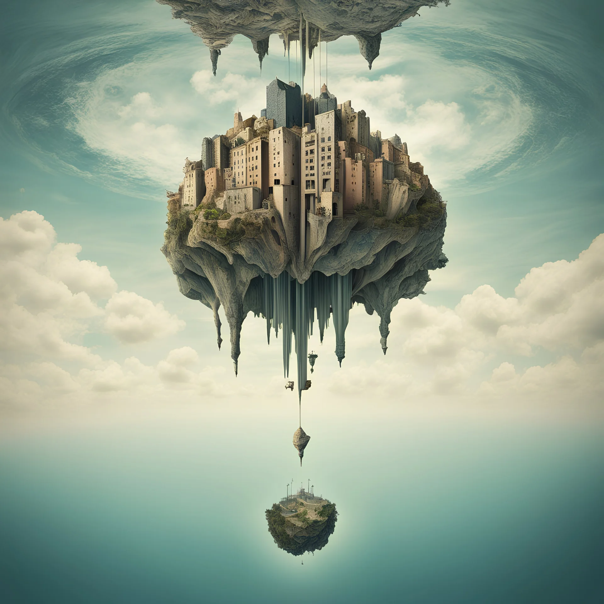 UPSIDE-DOWN world, reversed vertical, surreal masterpiece, muted colors, sharp focus, reversed vertical composition, upside-down picture