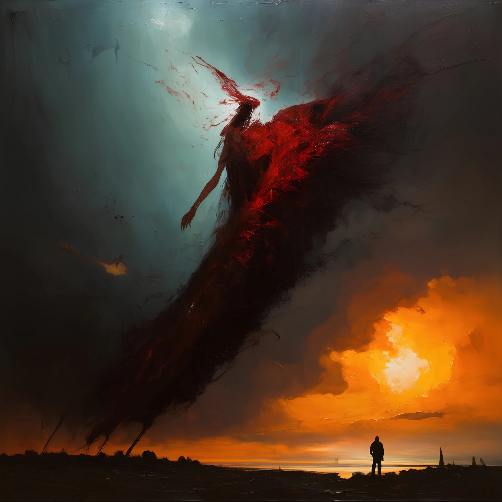 Macabre Rapture End of days Revelation scene, loose brush stroke matte oil painting, sinner apotheosis, By John Lovett and Zdzislaw Beksinski and Phlegm, diagonal composition, unbalanced, abstract surreal horror, eerie, scary warm colors, Eldritch, by Colin McCahon