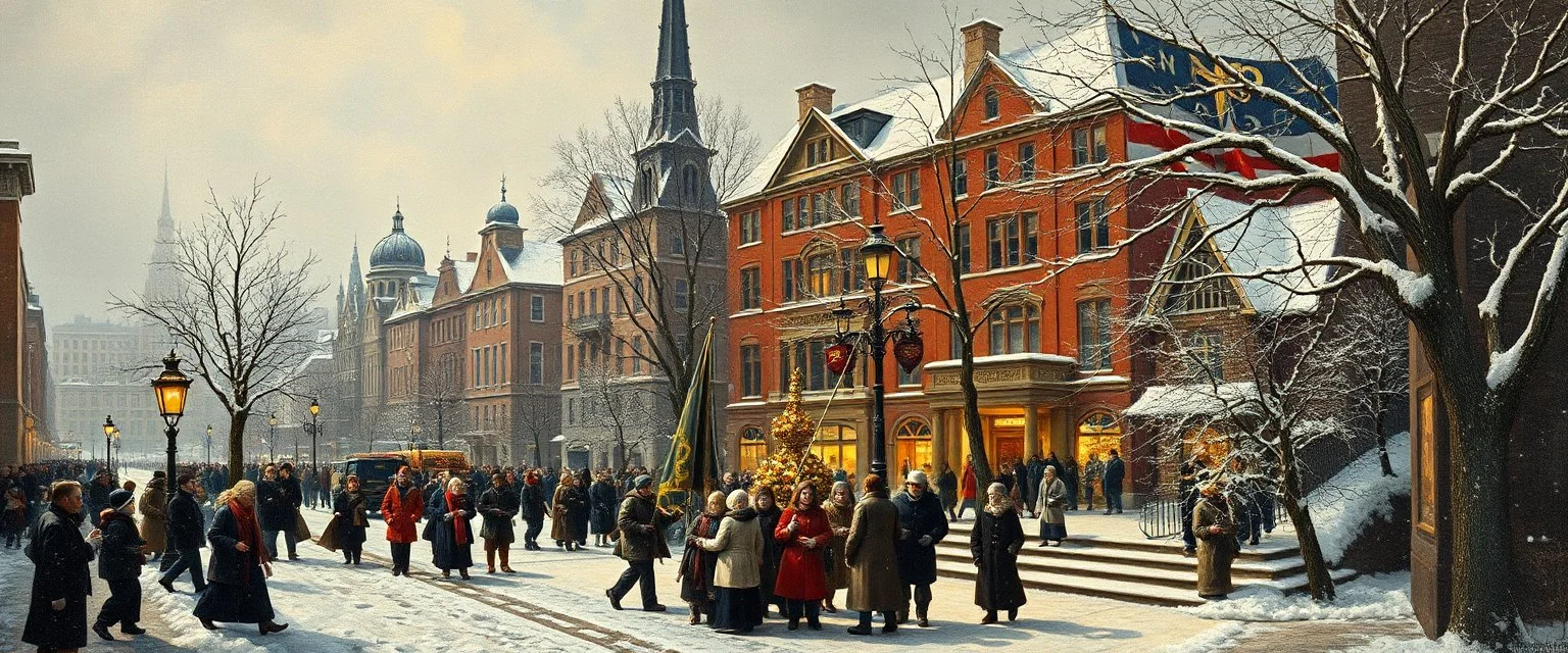 master oil painting by Rembrandt and Escher ,Celebration of the First Snow: The city is celebrating the first snowfall of the year with a holiday. There's free food, music, and a blessing from the clergy of Mystra.