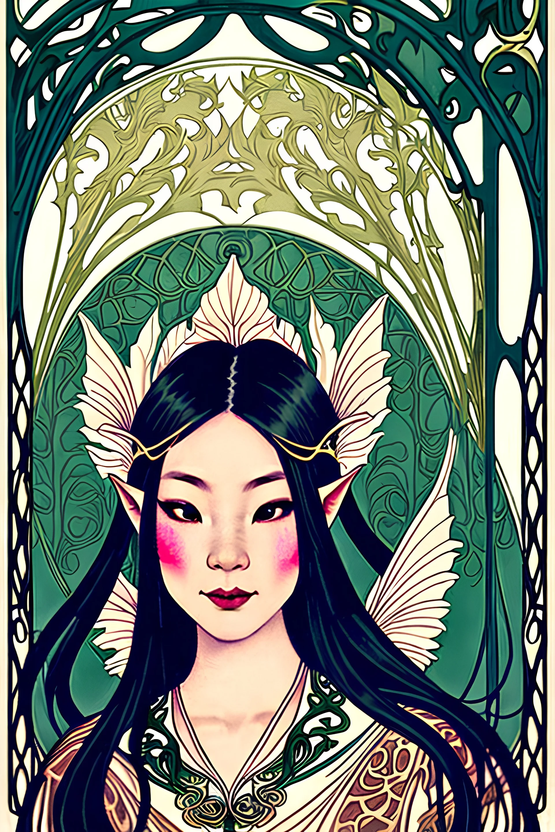 Art Nouveau art style A beautiful as a model asian woodland elf princess who looks like a young Lucy Liu seated on a throne in a mystical forest