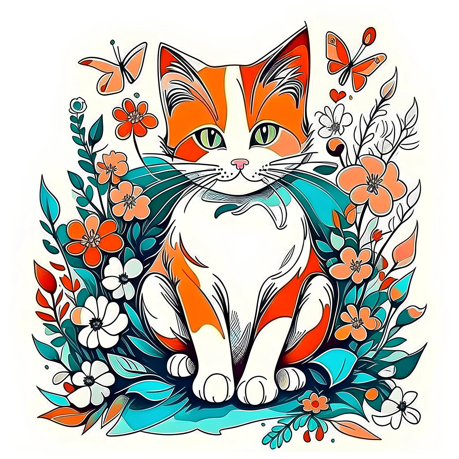 cute cat-print-vincent-van-gogh-flowers-,design, vector graphic, colorful, adorable, cute, vector illustration, white background