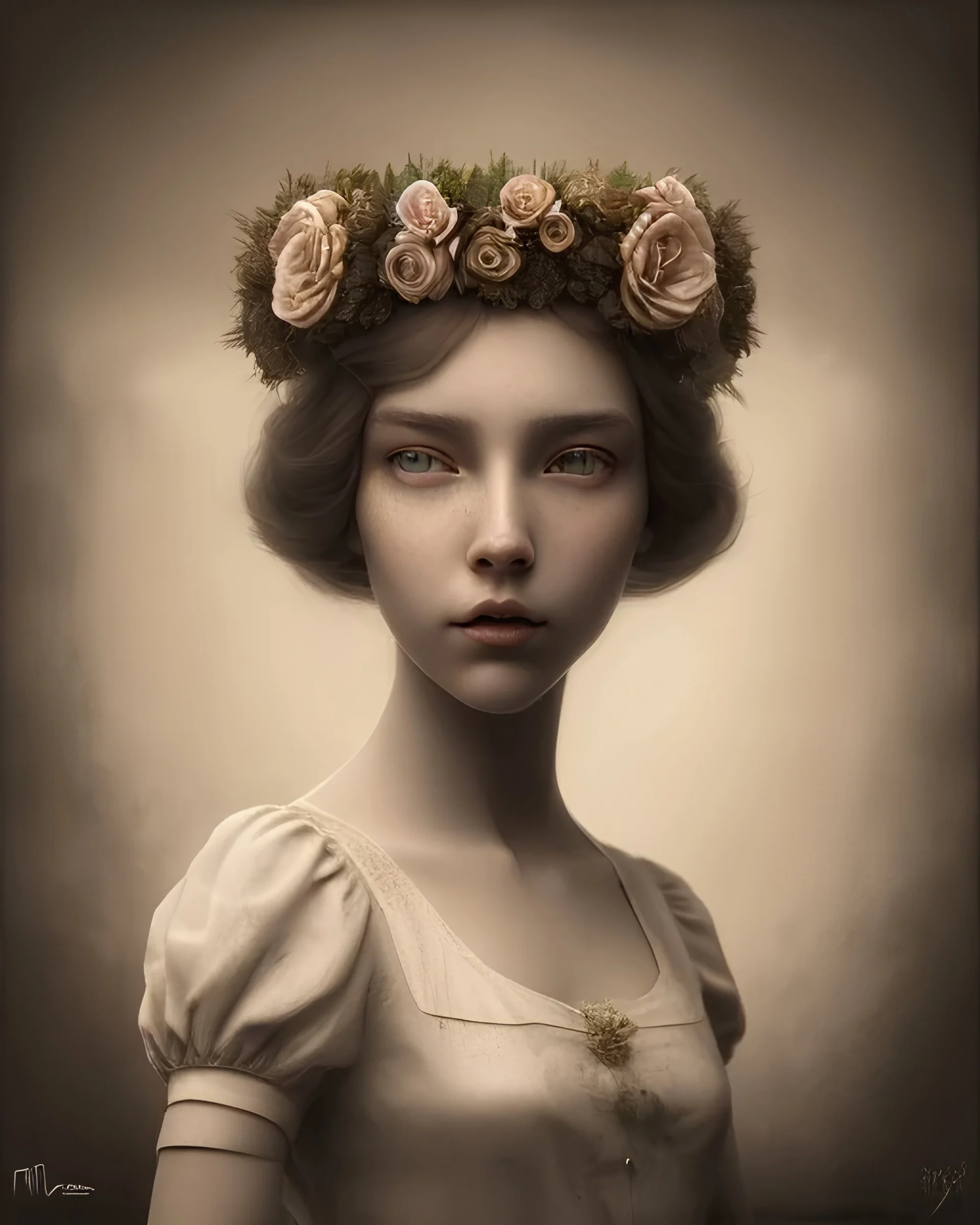 sepia portrait young girl with flower crown sitting on an empty crate, white dress, potholes on road, ramshackle, crow, 8k resolution, high-quality, fine-detail, intricate, digital art, detailed matte, volumetric lighting, dynamic lighting, illustration, 3D octane render, brian froud, howard lyon, selina french, anna dittmann, annie stokes, lisa parker, greg rutowski,