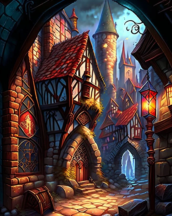 medieval fantasy cobblestone town with stained glass window buildings fairytale rpg art