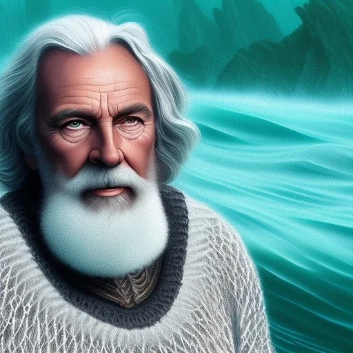 award winning portrait digital painting of an older male medieval grizzled sailor in a knitted sweater with wrinkles on face, ocean, waves, mountain cliffside with breaking waves, stormy, sinister, evil, (backlighting:1.3), concept art, smooth, sharp focus, rule of thirds, dark fantasy,intricate details, medium shot