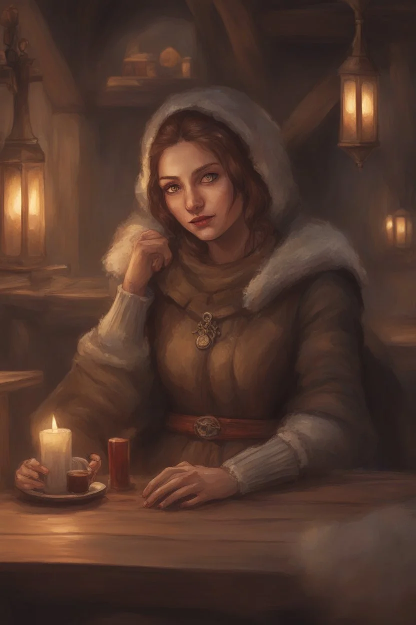 DnD style, medieval woman dressed in warm winter clothes sitting in a tavern