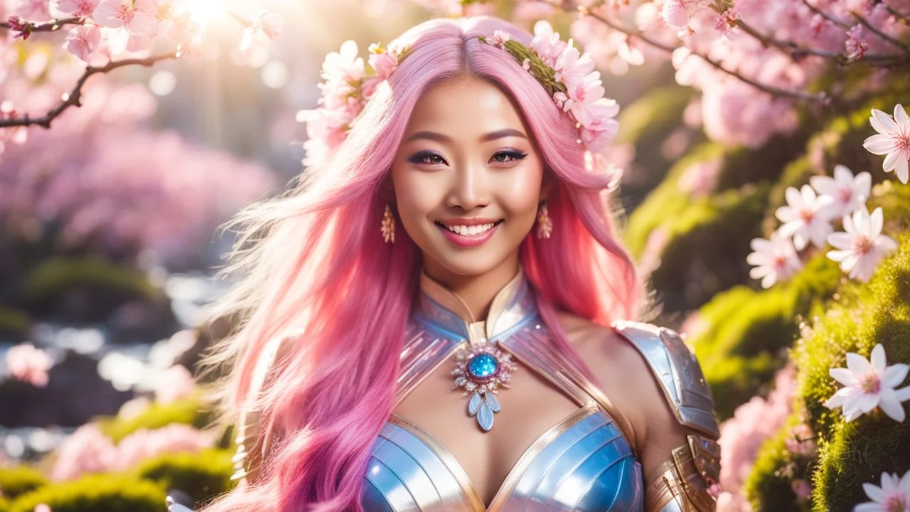 Portrait of a gorgeous smiling asian goddess with a golden dark skin, long smooth clear pink hair, blue eyes, in a sci-fi outfit with luminous strikes in a hill of flowers with sakura trees, a small torrent, loads of mini flowers, moss, sun rays through the branches, particles in the air at spring