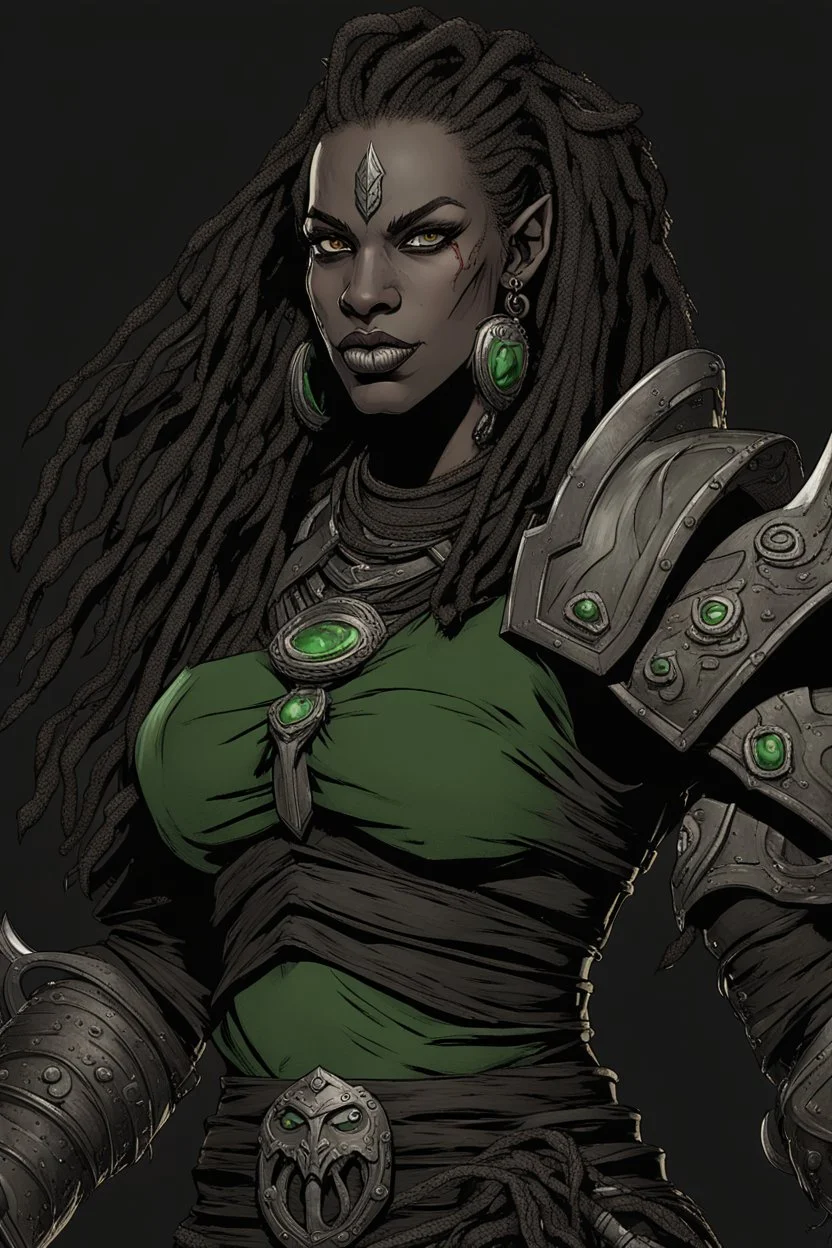 dungeons and dragons character portrait of a very strong and big beast human female warrior wearing black armor with black skin and dreadlocks and thick eyebrows and big nose and big fangs and green eyes and visible tusks