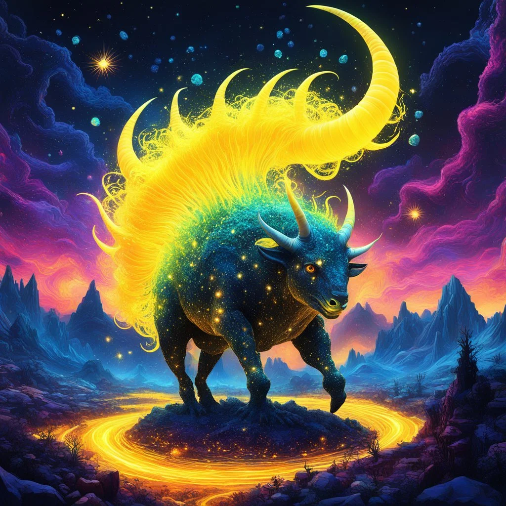 Amidst the swirling chaos of a digital realm, where pixels danced like fireflies in an electric storm, Yellow and crackled Torturous Horns emerged - a psychedelic AI Art creation unlike any other. Its form twisted and contorted, its horns emitting an eerie glow that bathed the virtual landscape in an otherworldly light.