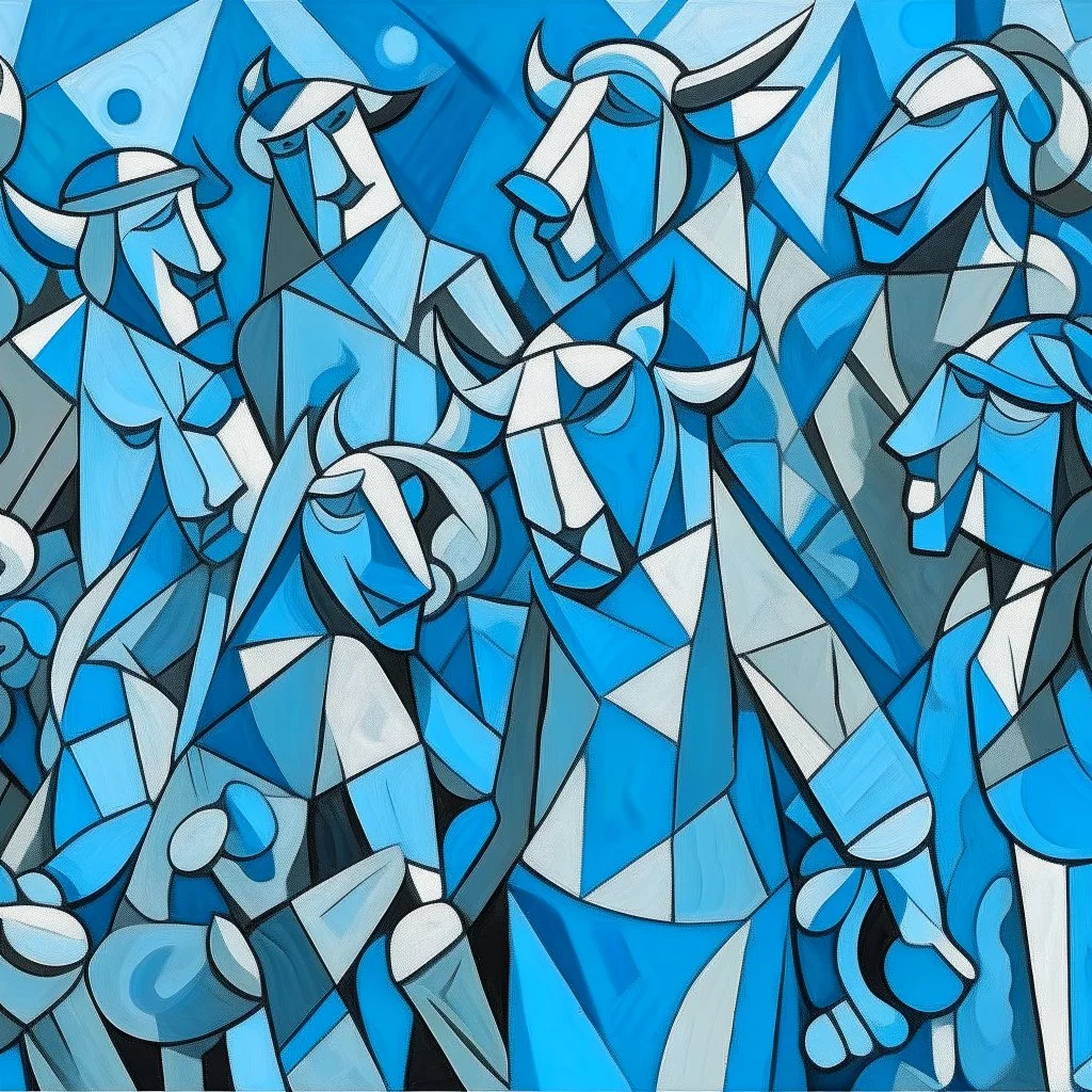 piccasso crowd people cubism with bull screaming gray and blue