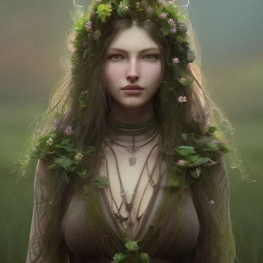 A beautiful female celtic druid with hair made out of flowers, digital art, HD, 8k, high definition, very high quality, detailed eyes, nature, druid, fantasy