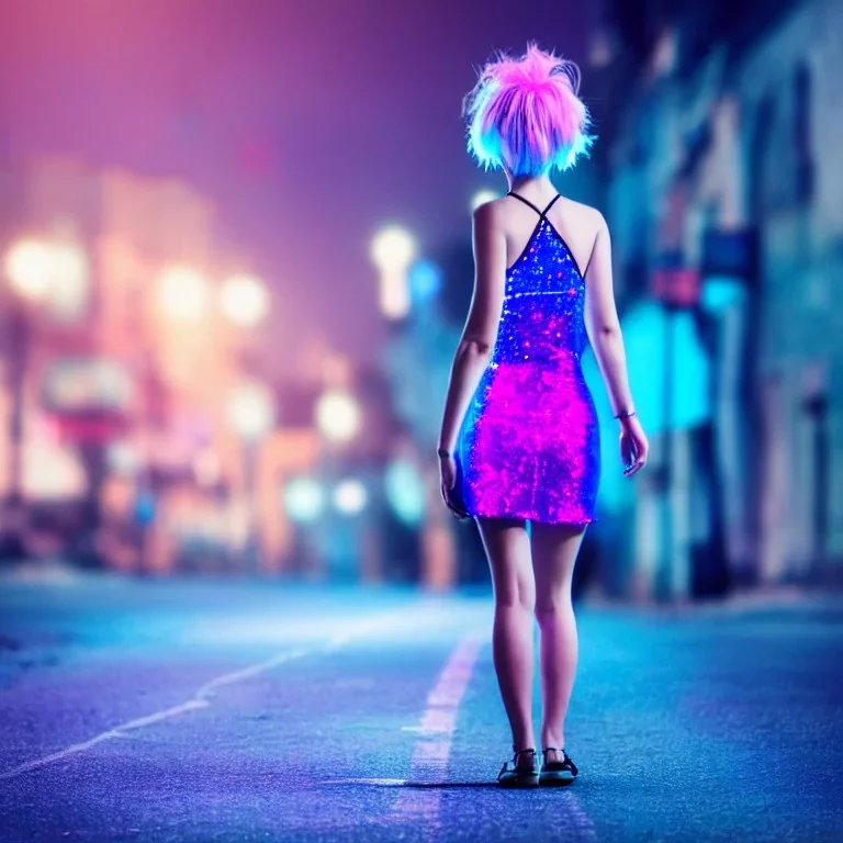 Beautiful lonely girl who walks along a street without people at dawn. You see her from behind. She is Blue very short dressed. She has pink short hair with glowing crystals. Full body, 8k resolution concept art. Professional Photo HD. Stylish. Warm vivid colors. Panoramic