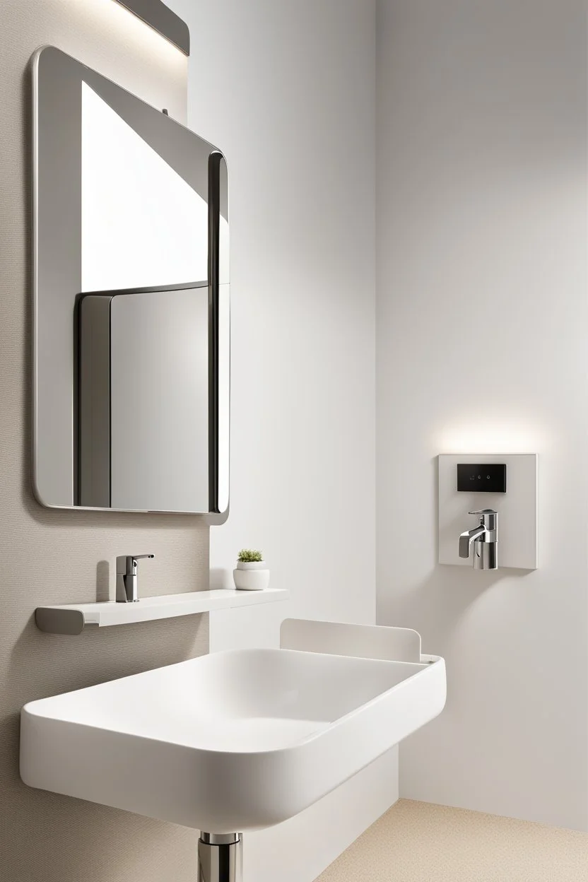 Create a modern and minimalistic bathroom featuring a luxurious wall-mounted automatic soap dispenser near a contemporary wash basin.