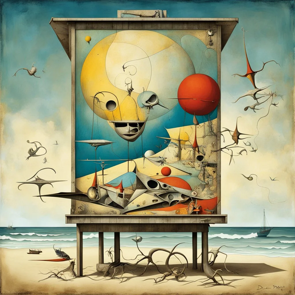 propaganda billboard on a beach; Yves Tanguy and Dali and Gabriel Pacheco deliver a surreal masterpiece, bright colors, sinister textures, asymmetric,