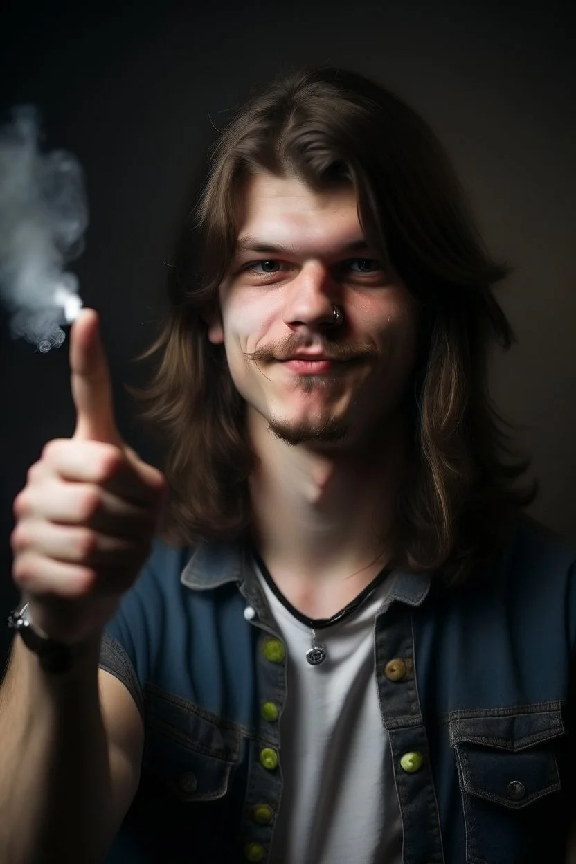 mean lookin' guy with a mullet pointing his hand like a gun at the camera while he smokes a burning cigarette