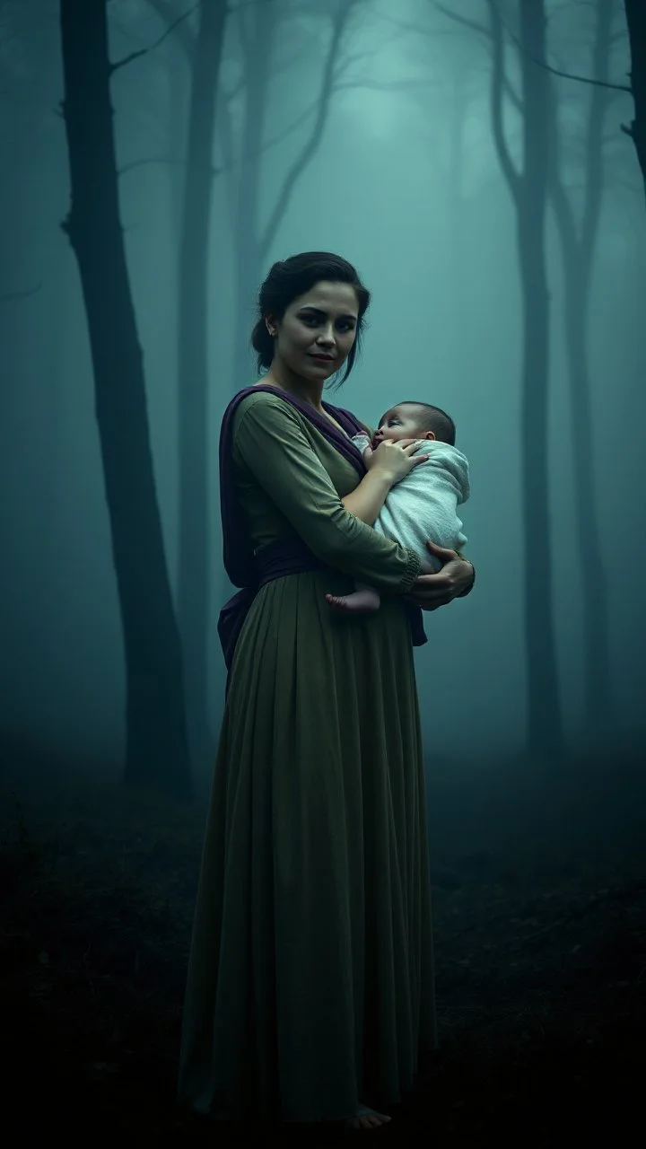 Vintage portrait of a beautiful woman carrying s baby standing in a misty and foggy forest background, eerie twilight lighting