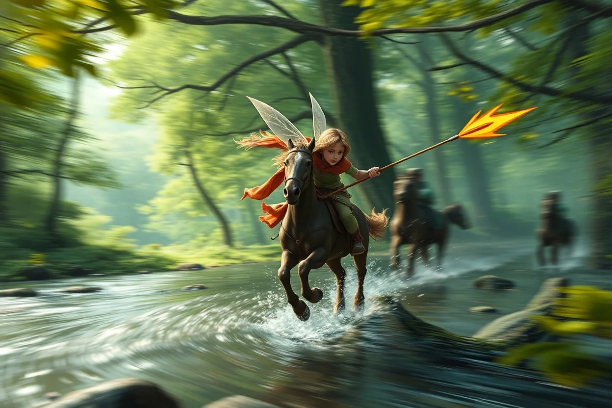 oil painting ,motion blur running caped long haired pixie Quickling - Forgotten Realms dodging magical fire arrows above water and along winding branches in lush green forest along speeding horses , bokeh like f/0.8, tilt-shift lens 8k, high detail, smooth render, down-light, unreal engine, prize winning