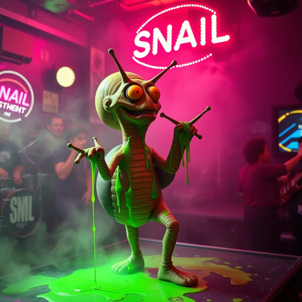 An "SNAIL" performing at dance club, his name is "SNAIL" and looks crazy, and green slime on stage, Neon lights and smog, "SNAIL" SIGN ON WALL