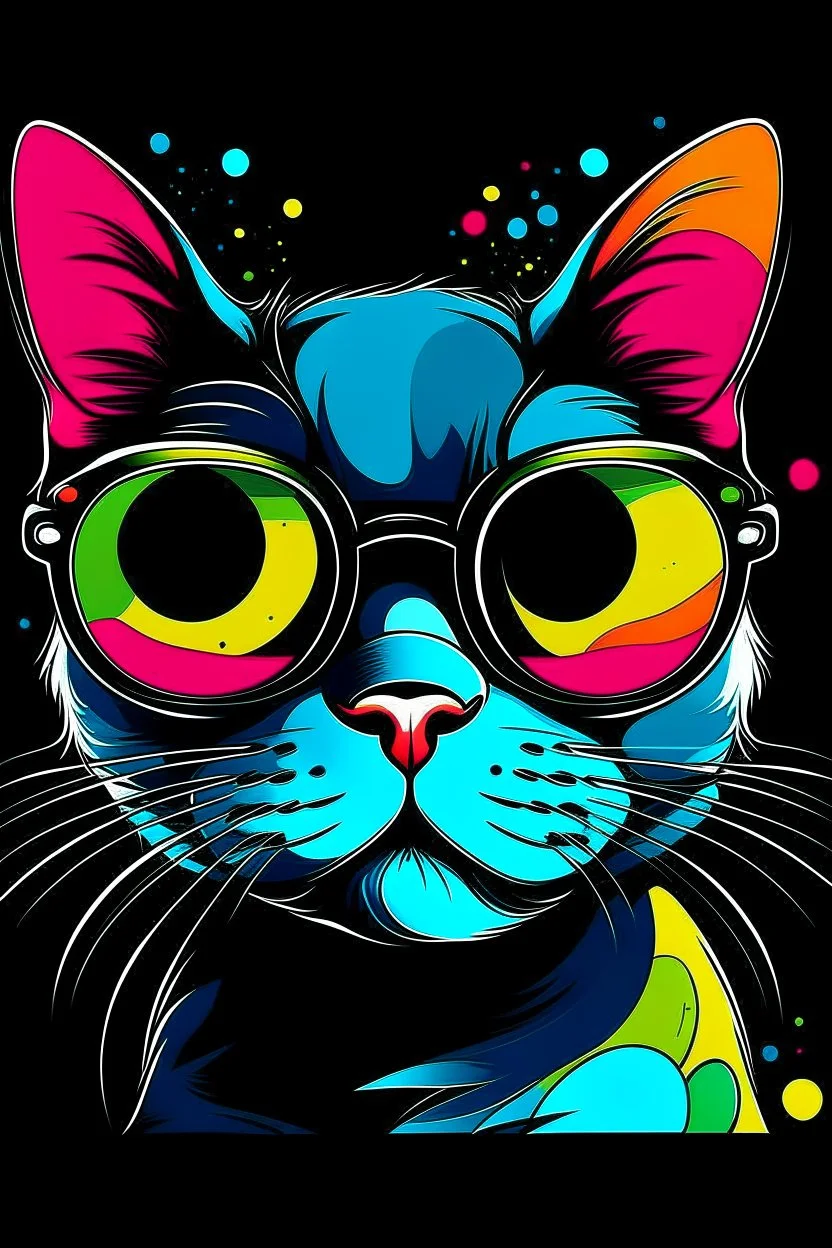 Acrtoon 2d art illustration . Colourful cat wears a black glass