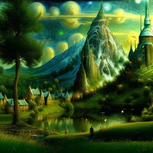 Epic Drawing of scenery with dwarf of The LOTR estilo Van Gogh 4k