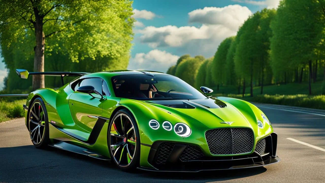 A sleek (((a cross of bentley and koenigsegg jesko))), on street, with hill and trees around, a beautiful clouds and sunny weather, 4K, Superdetailed, No mistakes