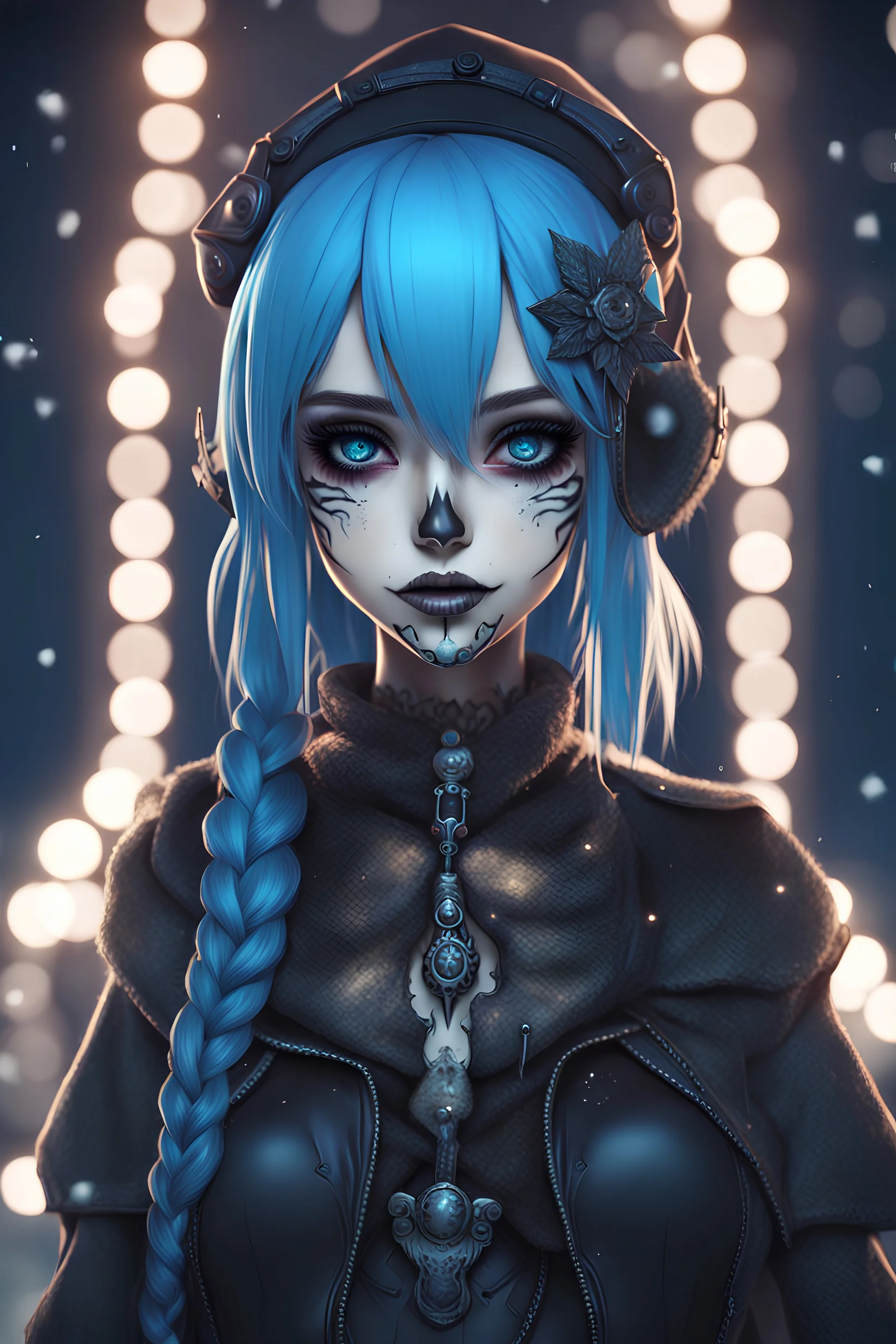 Close-up Portrait of a girl, skeleton face like night before Xmas, blue hair, 8k, 3d anime, goth