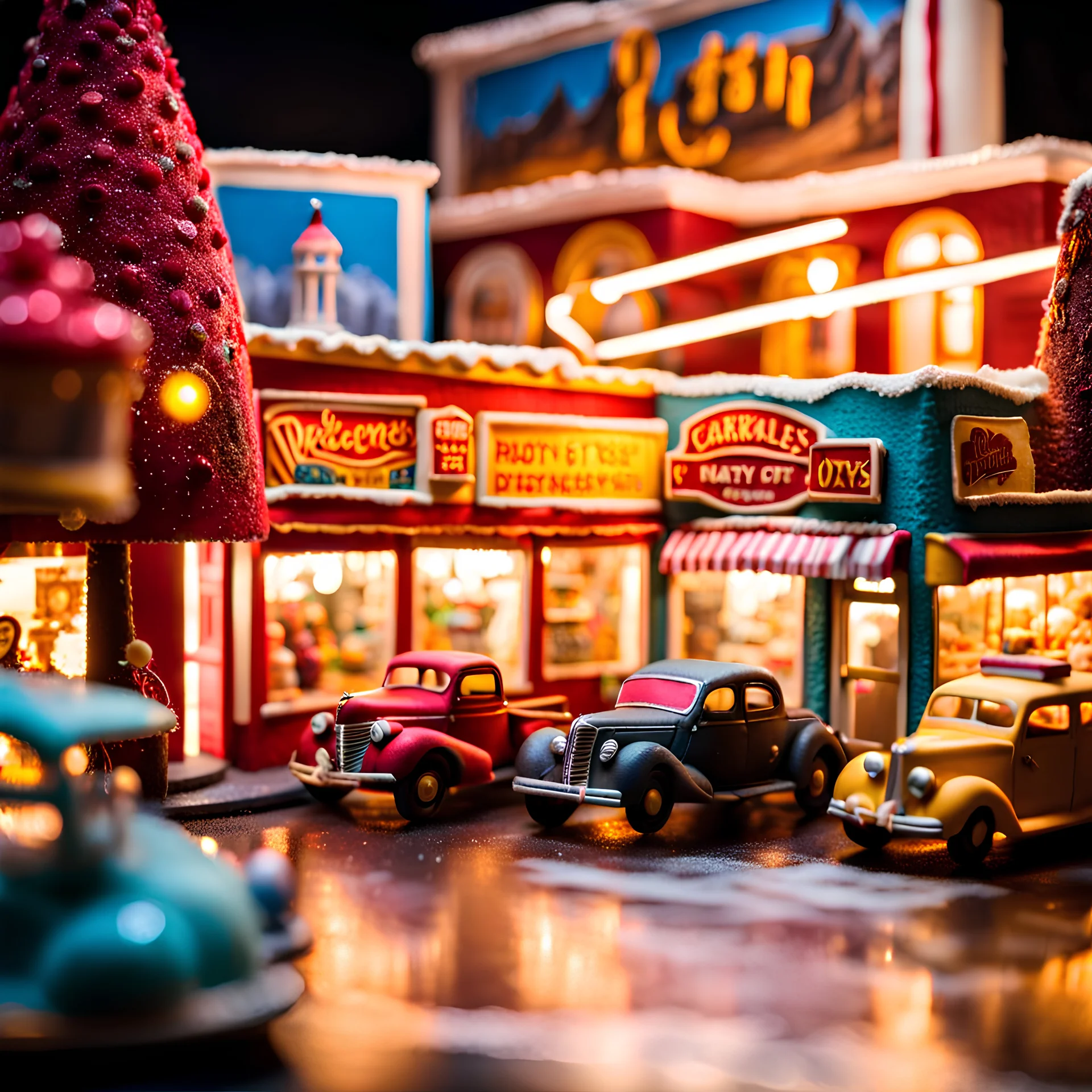 Close-up photograph of a diorama building, city, store, advertising, land-of-toys with detailed vintage toys made of cake-frosting and felt, strong texture, extreme detailed, movie shot, rich moody colors, sparkles, night, nightmare