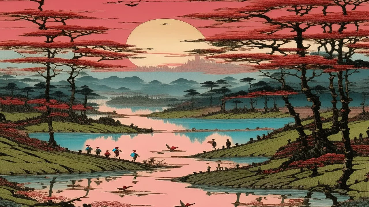 A pink swamp near a highway painted by Utagawa Hiroshige