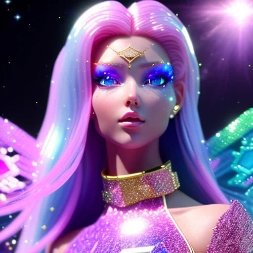 one big crystal glitter pink blue subtle galactic fairy in a galactic ambiance, glitter bikini, long blond hair down to the ground, transparent petals, blue eyes, delicate colors in the foreground, full of details, smooth，soft pink violet light atmosphere, light effect，vaporwave colorful, concept art, smooth, extremely sharp detail, finely tuned detail, ultra high definition, 8 k, unreal engine 5, ultra sharp focus