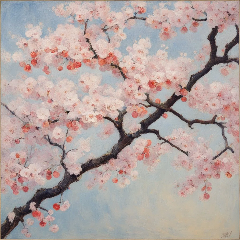 [art by Kupka] The cherry blossom branches would be depicted with thin and graceful lines, capturing their natural flow and organic structure. The branches may have a slightly wavy or curved appearance, giving them a more realistic and dynamic feel.Buds can be included alongside the fully bloomed flowers, showcasing the different stages of the cherry blossom's life cycle. These buds can be depicted as small, rounded shapes, often positioned close to the main flower or scattered along the branche