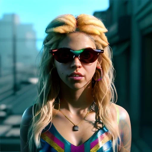 Shakira, artist, 30 years old, Realistic image, waist up portrait, etro style dress. Gucci sunglasses. Blonde, loose long hair, eyes make up, perfect, glow, circle iris. Neon colors, leds, geometric shapes. Dark background, neon lights. Cyberpunk, concept art, smooth, unreal engine 5, god lights, ray tracing, RTX, lumen lighting, ultra detail, volumetric lighting, 3d, finely drawn, high definition, 4k.