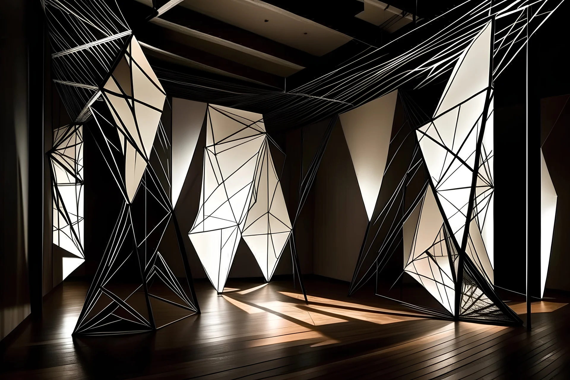 "Imagine a three-dimensional geometric installation that plays with light and shadows to create a captivating interplay of form and space."