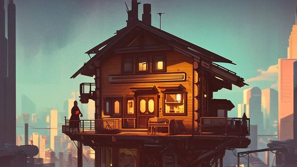 small Wooden European Cabin, In cyberpunk city-skyline, comic style